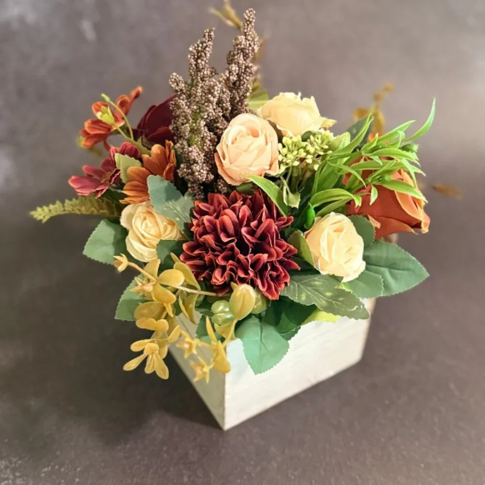 Fall Faux Floral Arrangement in Rustic Wooden Box – Home or Office Decor